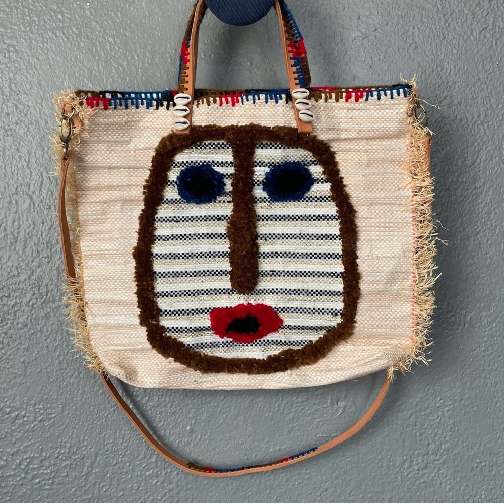 En Shalla African Mask tote bag for beach or shopping 12x14” recycled food bag